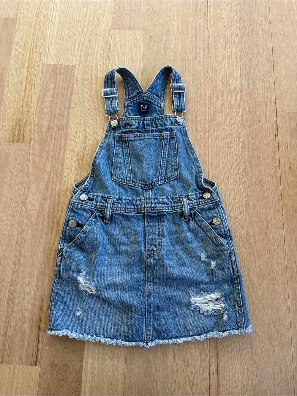 GAP Distressed Denim Overall Dress in Blue